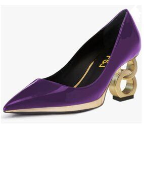FSJ Purple Gold Chain Chunky Heel Pumps Pointed Toe Slip On High Heel Shoes